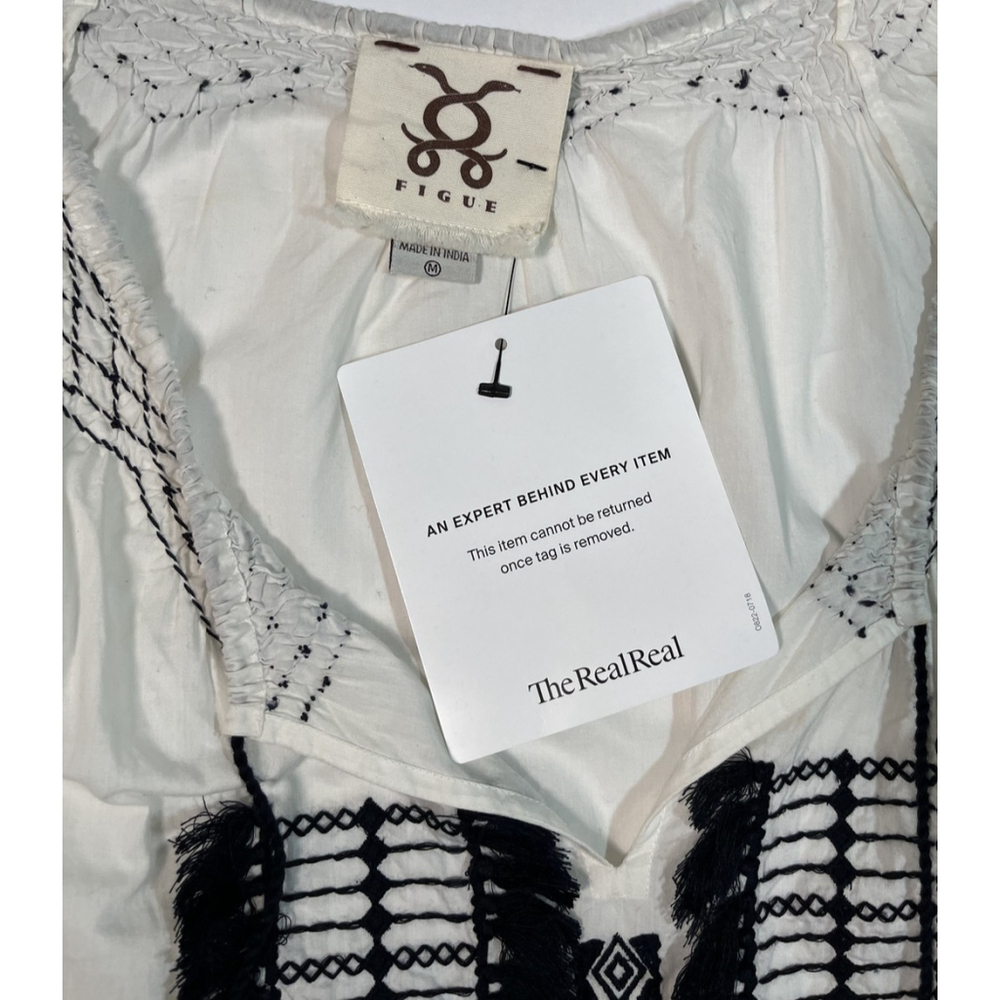 Figue Embroidered Peasant Blouse Womens Medium White Black Boho Tassel Top India - Picture 5 of 13